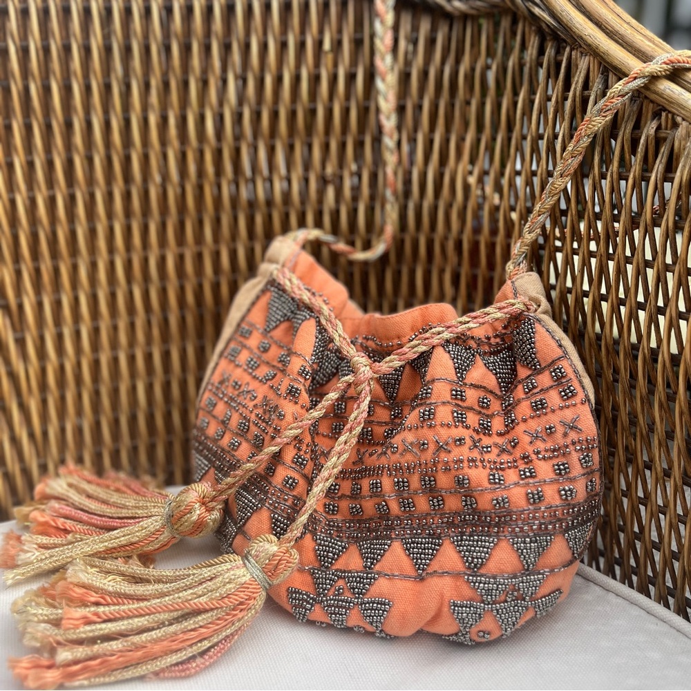 Boho Beaded Drawstring Pouch Bag Tassel Festival Bag Vintage Japan